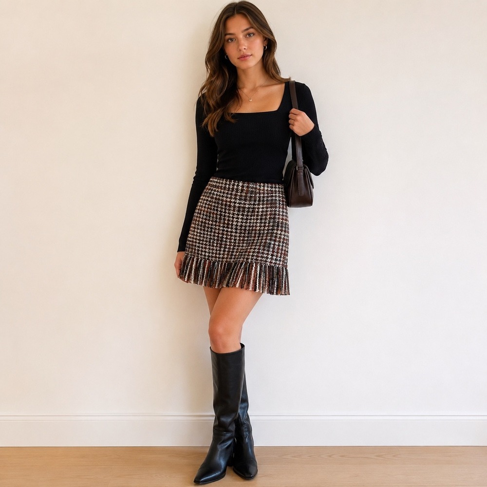 Boho Chic Tweed Fringe Mini Skirt Womens Size XS Brown Plaid Preppy‎ Academic
